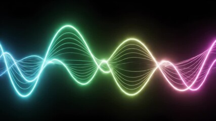 A dynamic audio waveform displays vibrant neon green and pink light trails with pulsating particle effects against a dark background, representing sound or data. - Powered by Adobe
