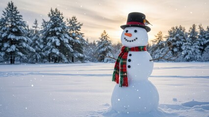 Obraz premium Snowman in Winter Landscape with Scarf and Hat.