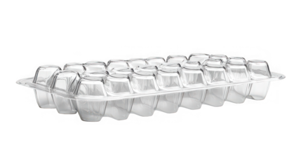 Empty transparent plastic egg carton container designed for holding eighteen individual eggs securely for retail display and transport protection