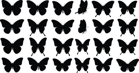 Collection of black butterfly silhouettes vector set, elegant flying insect icons and nature shapes for decorative design and artwork © MstParul