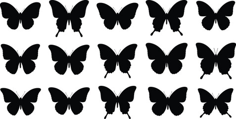 Collection of black butterfly silhouettes, elegant flying insect icons and nature shapes, vector set for decorative design, craft and artwork © MstParul