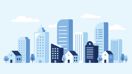 Fototapeta premium Modern blue city skyline illustration with skyscrapers, residential houses, trees and clouds showing peaceful urban lifestyle in flat vector design