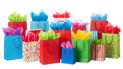 Colorful gift bags with tissue paper isolated on transparent background