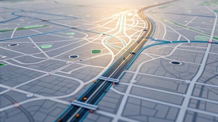 A detailed map featuring roads, highways, and various geographical markers, showcasing urban planning and infrastructure.