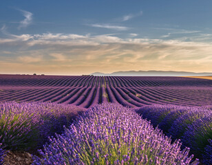 Obraz premium A stunning view of vibrant purple lavender fields stretching towards the horizon under a bright blue sky, evoking a sense of peace and natural beauty