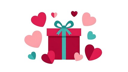 A red gift box with a green bow surrounded by floating hearts in various shades of red and pink