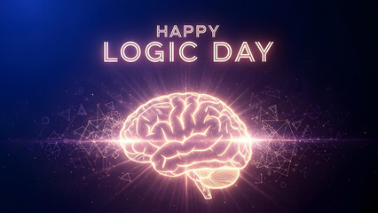 Glowing Human Brain with World Logic Day Text on Abstract Futuristic Digital Background