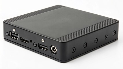 Obraz premium A compact black device featuring multiple ports, designed for connectivity and functionality in electronic setups.