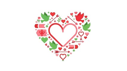 Valentine's Day illustration featuring a heart-shaped collage of love symbols and floral elements