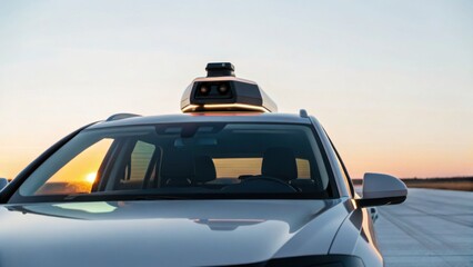 A sleek, modern vehicle equipped with advanced technology, parked on an expansive runway during sunset.