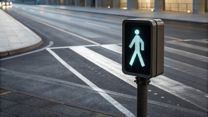 A pedestrian crossing signal lights up green, indicating it's safe for people to walk, set against a quiet urban street with clear road markings.