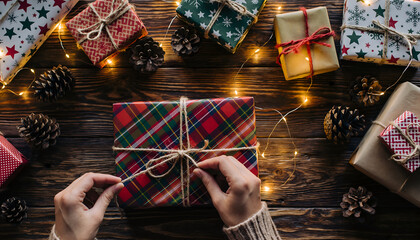 Hands wrapping Christmas presents with festive lights and pinecones.