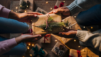 Hands exchanging a Christmas gift wrapped in brown paper with a small pine tree on top surrounded by other gifts and fairy lights.