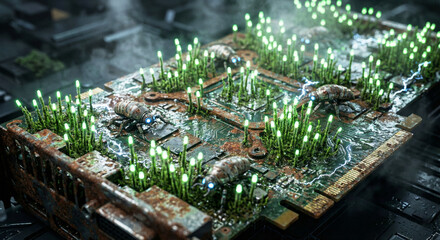 Close up of a bionic ant with glowing microchips and gold circuits on its body.