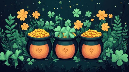 Three pots of gold coins and four-leaf clovers amidst lush greenery.