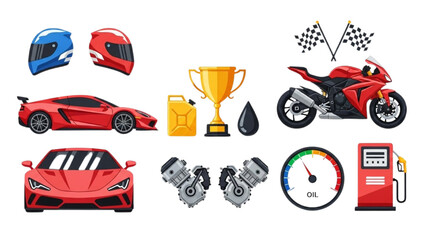 Modern Racing Icons Set with Sports Car, Motorcycle, Helmets, Trophy and Speedometer Flat Design