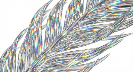 Abstract iridescent glass feather with rainbow refraction on white background, 3D render.