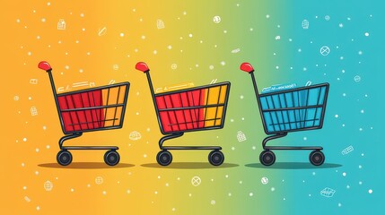 Three shopping carts filled with colorful bags on a gradient background.