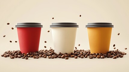 Three takeaway coffee cups on coffee beans.