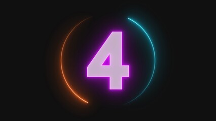 A neon-lit number four surrounded by colorful circular lines on a dark background