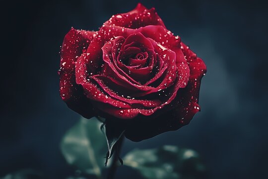 A single crimson rose glistening with dew a symbol of love and passion photographed with dramatic dark background and