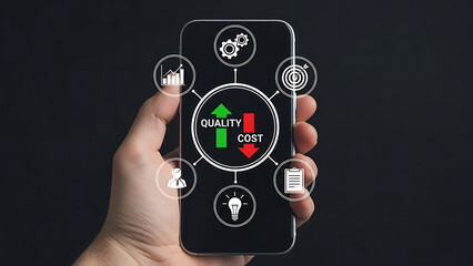 Hand holding smartphone displaying financial data charts with upward and downward trends in a modern style