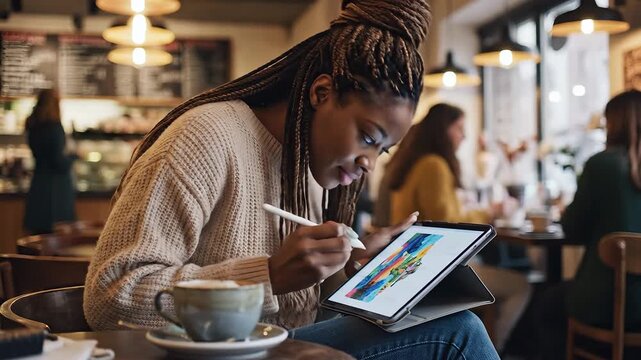 A creative young African American woman with dreadlocks intently sketching and designing digital art on a modern tablet using a stylus while enjoying a warm coffee in a cozy, bustling cafe environmen.
