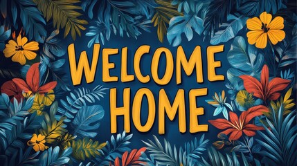 Tropical leaves frame "Welcome Home" text.