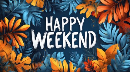 Tropical leaves frame "Happy Weekend" text.