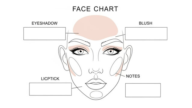 Face chart diagram with makeup application areas labeled for cosmetics tutorial or guide