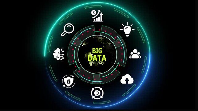 Big Data Analytics and Information Processing Concept with Futuristic Technical Support Interface, Cloud Computing, AI Insights, and Network Visualization.