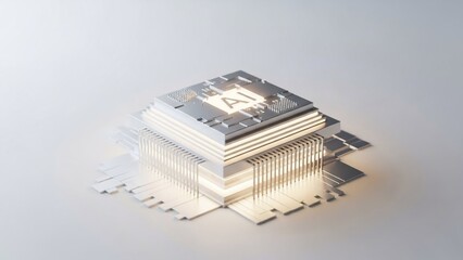 A glowing, layered artificial intelligence processor chip with an "AI" symbol on a light background.