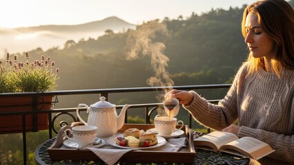 Woman enjoying a peaceful morning tea and reading on a balcony with a scenic mountain view.