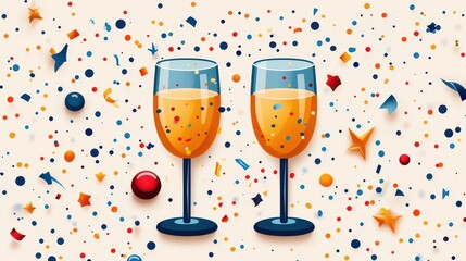 Two champagne flutes filled with bubbly beverage amidst colorful confetti.