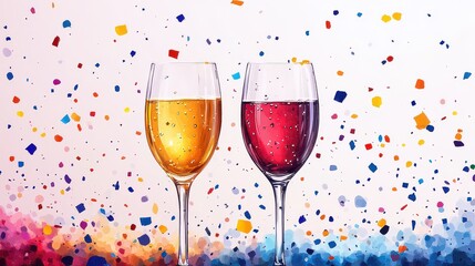 Two champagne flutes filled with sparkling wine and confetti.