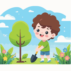 A vector illustration of a young boy planting a tree in the garden