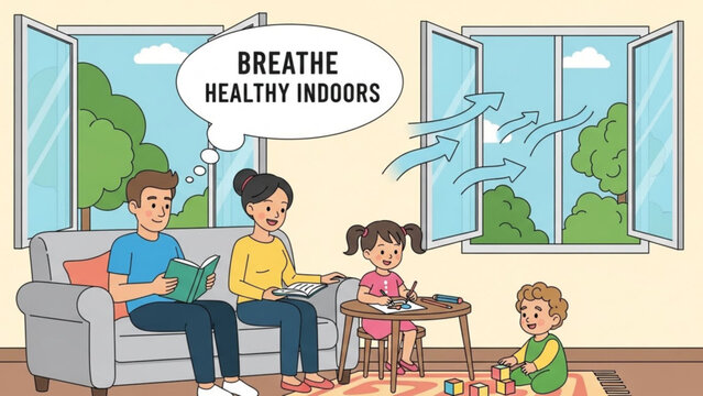 Family in living room with open windows for healthy indoor air, people relaxing together at home, fresh