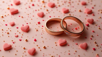 Two gold wedding rings with diamonds among pink hearts.