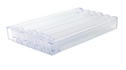 Sterile clear plastic test tube rack holding a row of elongated laboratory vessels prepared for scientific testing or research procedures isolated on black