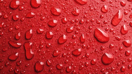 Water droplets collect on a red surface forming various shapes and sizes. Light reflects off the droplets creating an interesting visual effect in a bright space.