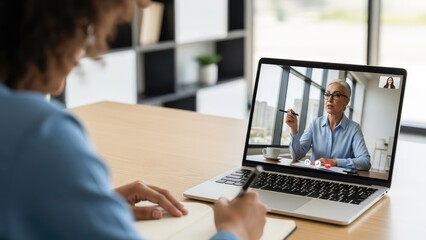 Woman Video Conferencing with Colleague on Laptop.