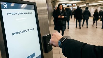  Instant payment NFC concept.
NFC Enabled Smartwatch for Instant Payment in Subway Station Exploring Modern Transaction Technology Concepts - Powered by Adobe