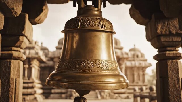 Person ringing large brass bell in ancient Hindu temple photo