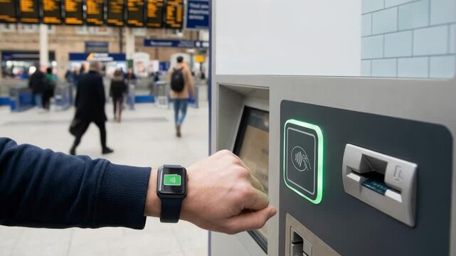  Instant payment NFC concept.
Smartwatch Instant Payment via NFC at Ticket Machine in Busy Station Contactless Technology Revolutionizing Modern Payment Concepts