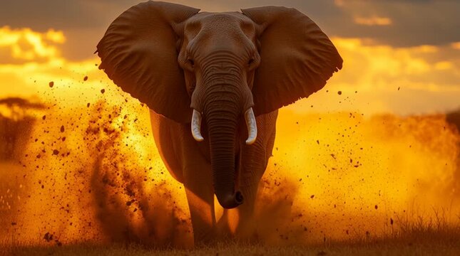 Majestic Elephant's Charge: An imposing African elephant, captured in a stunning, high-resolution shot, charges directly towards the viewer against a vibrant sunset backdrop.