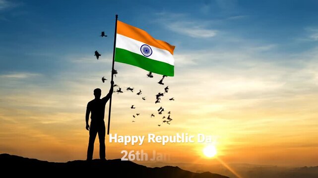 Indian Flag Waving Man Silhouette Sunset Republic Day 26 January