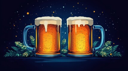 Two mugs of beer with hop sprigs on dark background.