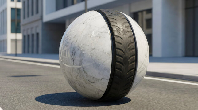 Marble ball robot advancing forward with a center track tire rolling up a city street on a bright sunny day