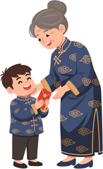 Grandmother Giving Red Envelope to Grandson 