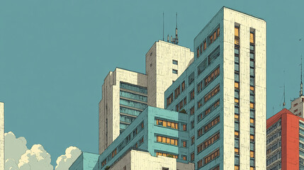 Modern urban cityscape with tall office buildings in pastel colors under clear sky, showcasing architectural details and calm atmosphere in stylized illustration